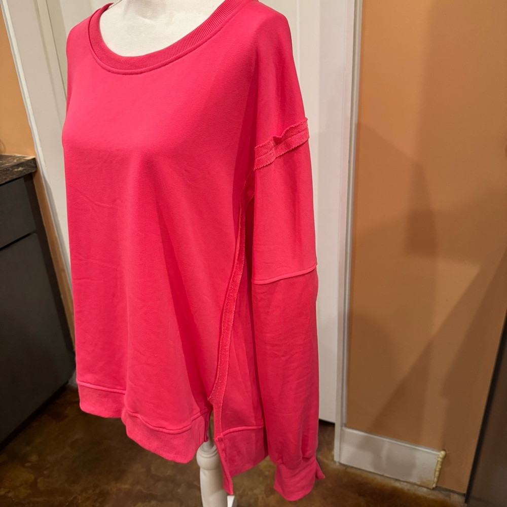 Oversized Pink Terry Cloth Sweatshirt Hi-Low with Side Slits